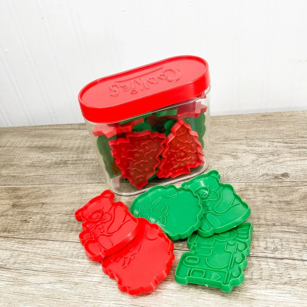 Vintage Christmas Cookie Cutter Set Red Green Plastic Holiday Shapes With Case